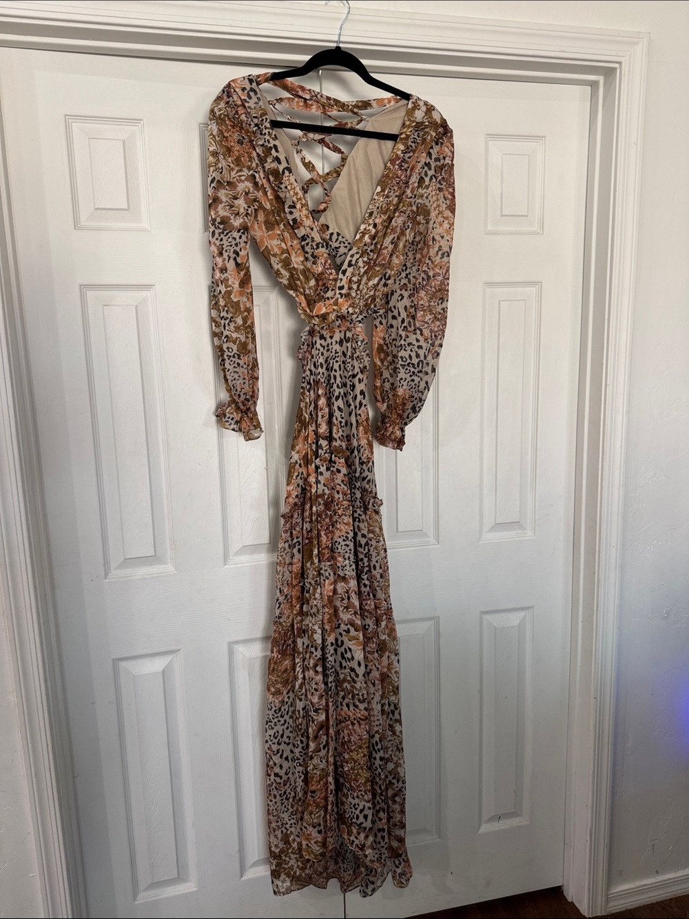 Aakaa Floral Leopard Print Wrap Maxi Dress - Beige Brown